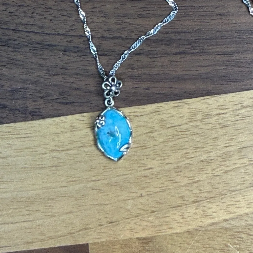 BBJ Sterling Silver 925 Blue Marquise Stone Floral Pendant Singapore Chain